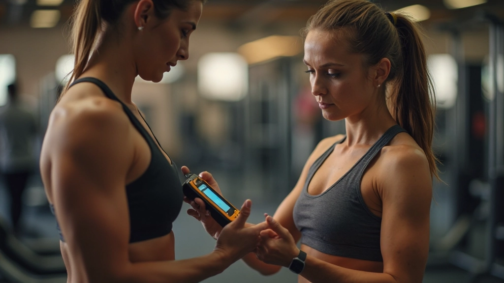 مدربة لياقة بدنية تقيس نبضات قلب الرياضي بعد جلسة تدريب مكثفة