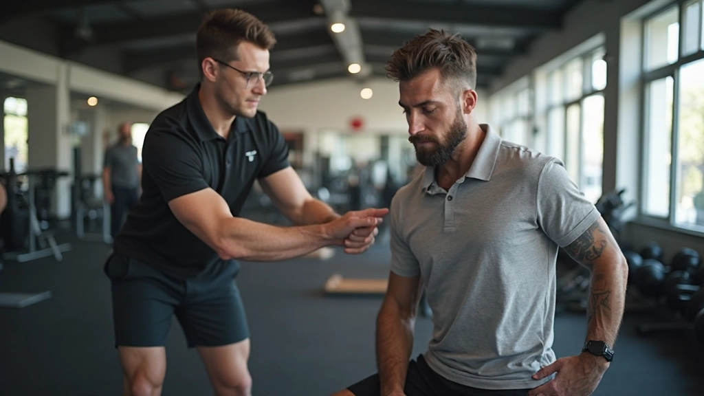 مدرب رياضي محترف يعمل مع عميل في صالة الألعاب الحديثة